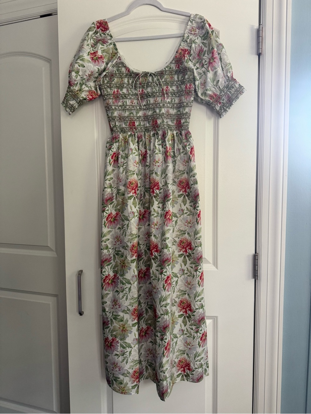Hill House Floral Smocked Midi Dress in White, Green and Pink